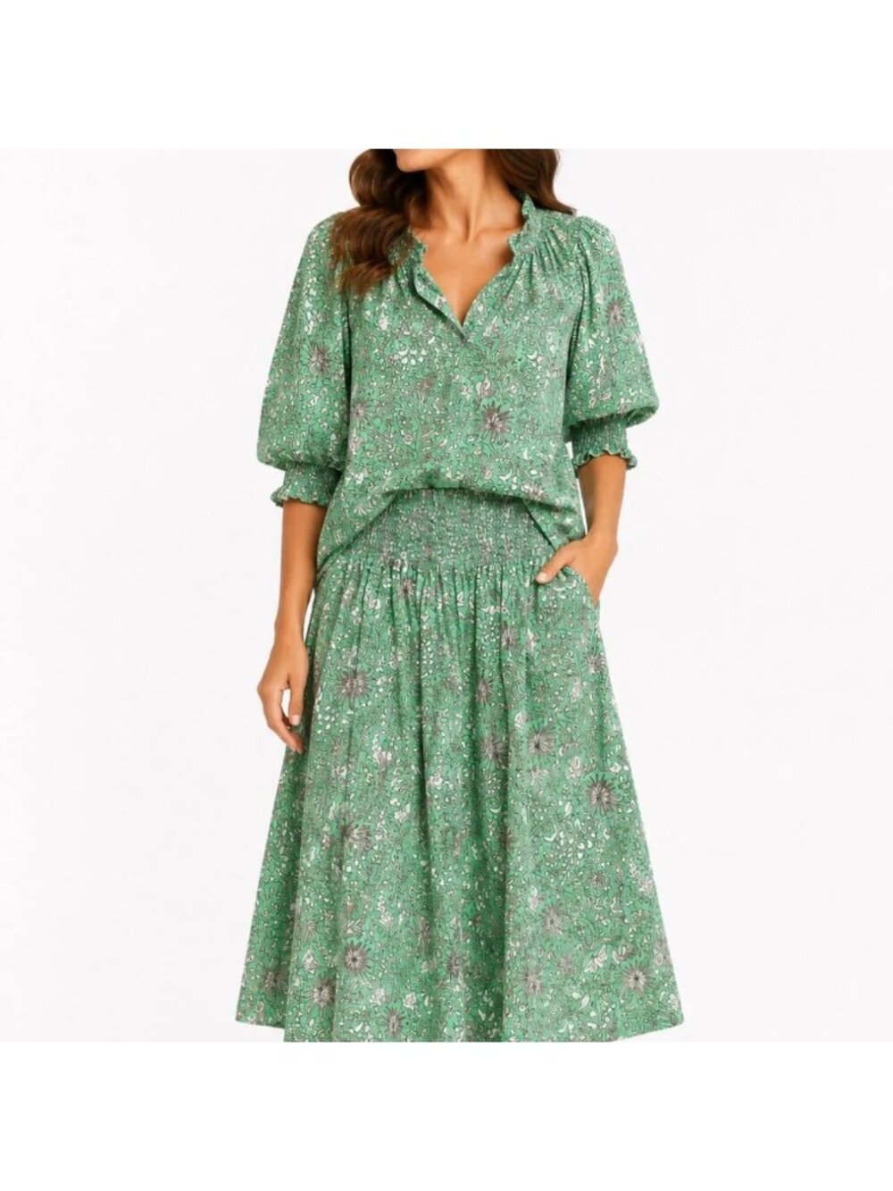 Mod’s Mahal Skirt Set Lightweight XS Green Floral Cotton Boho 2 Piece